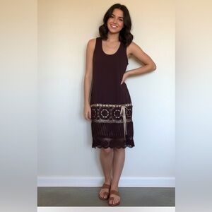 MODA International brown dress with crocheted skirt Sz M